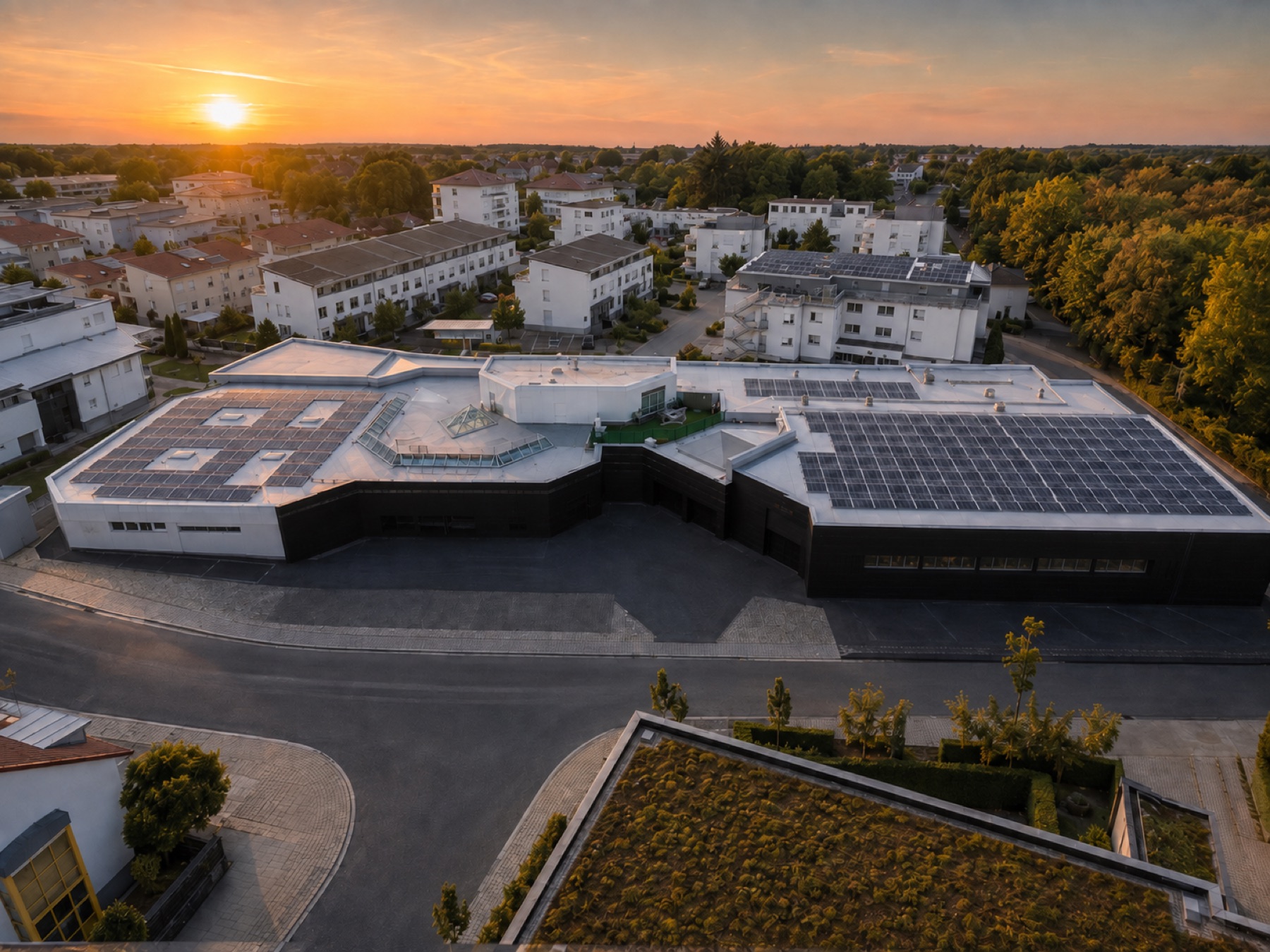 Luftaufnahme des Firmensitzes von Energiehaus Franken im Abendlicht, umgeben von Wohnhäusern (Visualisierung)