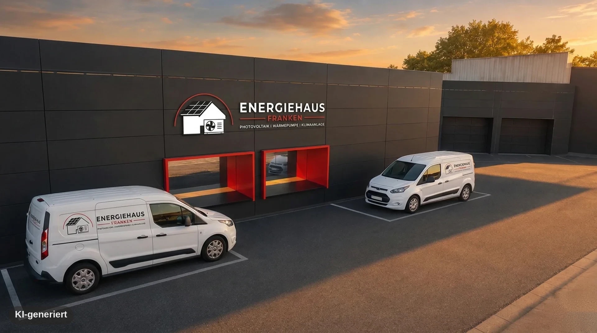 Firmengebäude von Energiehaus Franken mit Logo an der Fassade und zwei beschrifteten Firmenfahrzeugen auf dem Hof im Abendlicht (KI-generiert)
