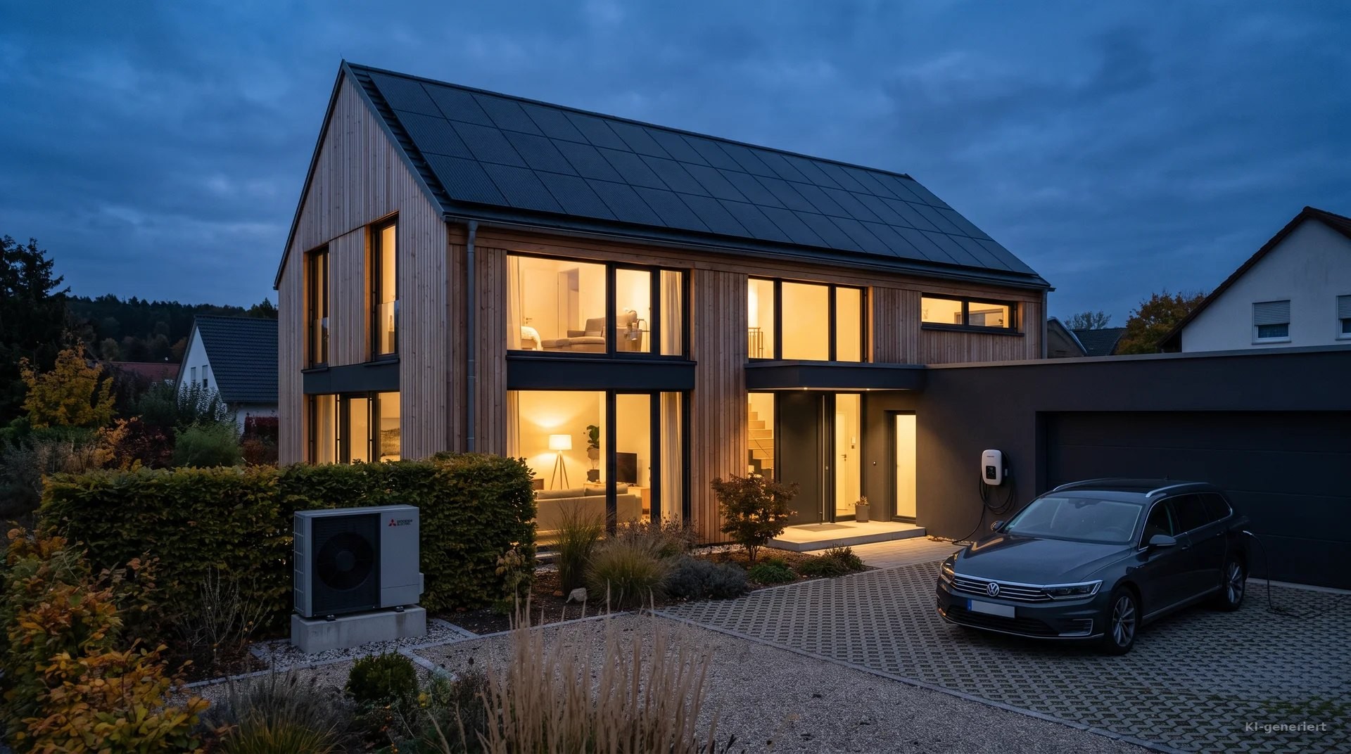 Modernes Wohnhaus in der Dämmerung mit vollschwarzer Photovoltaikanlage, beleuchteter Fassade und Elektroauto an der Wallbox