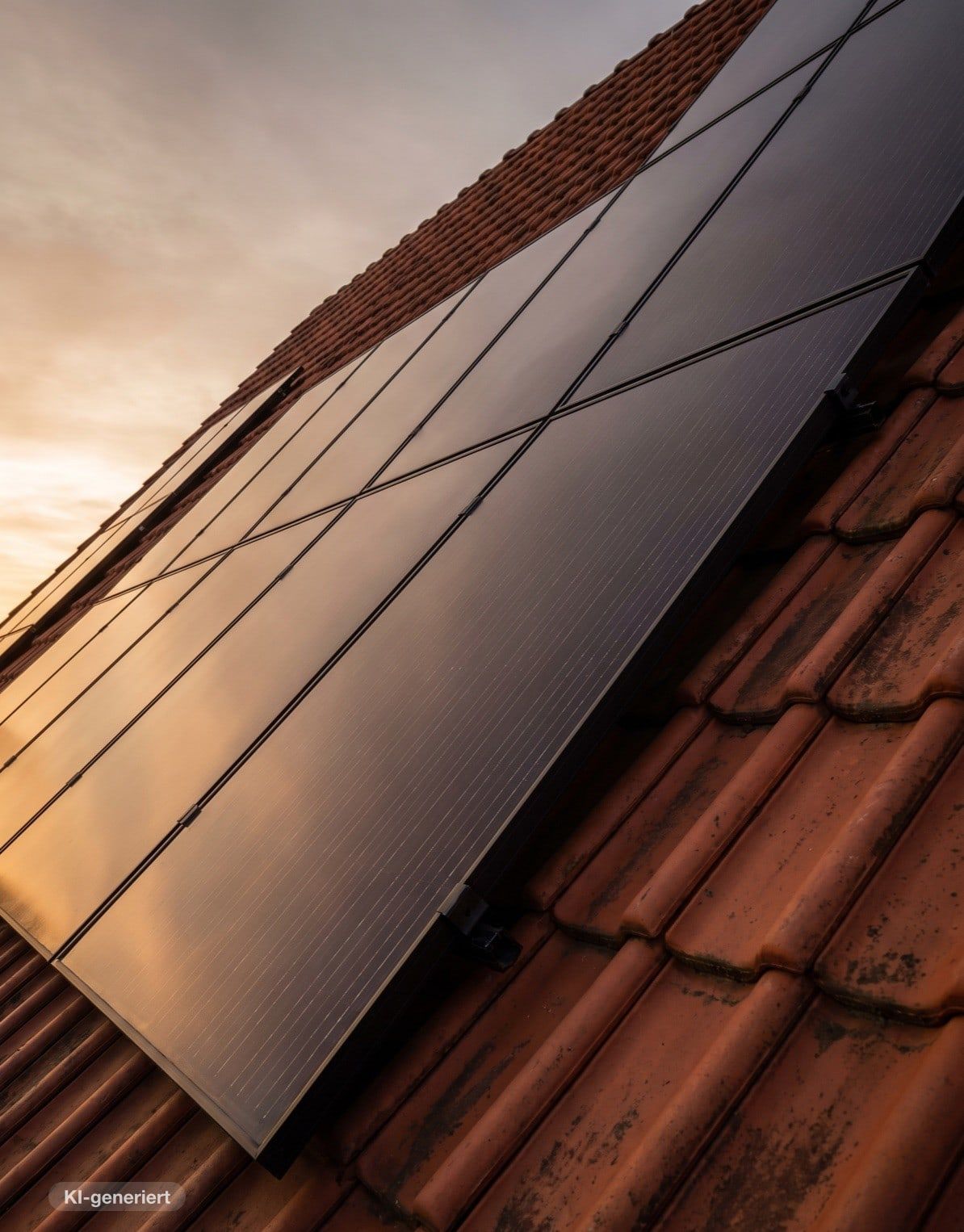 Vollschwarze Photovoltaikmodule auf einem Satteldach, Nahaufnahme