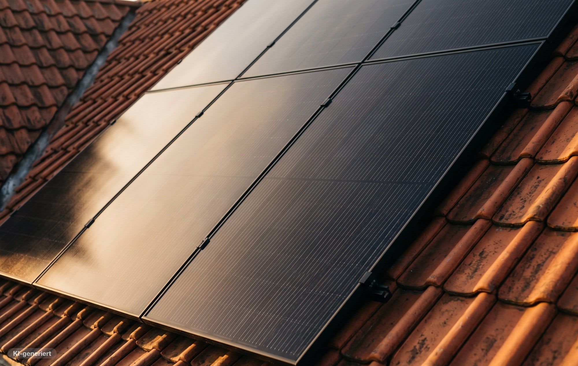 Vollschwarze Photovoltaikmodule auf einem Satteldach, Nahaufnahme