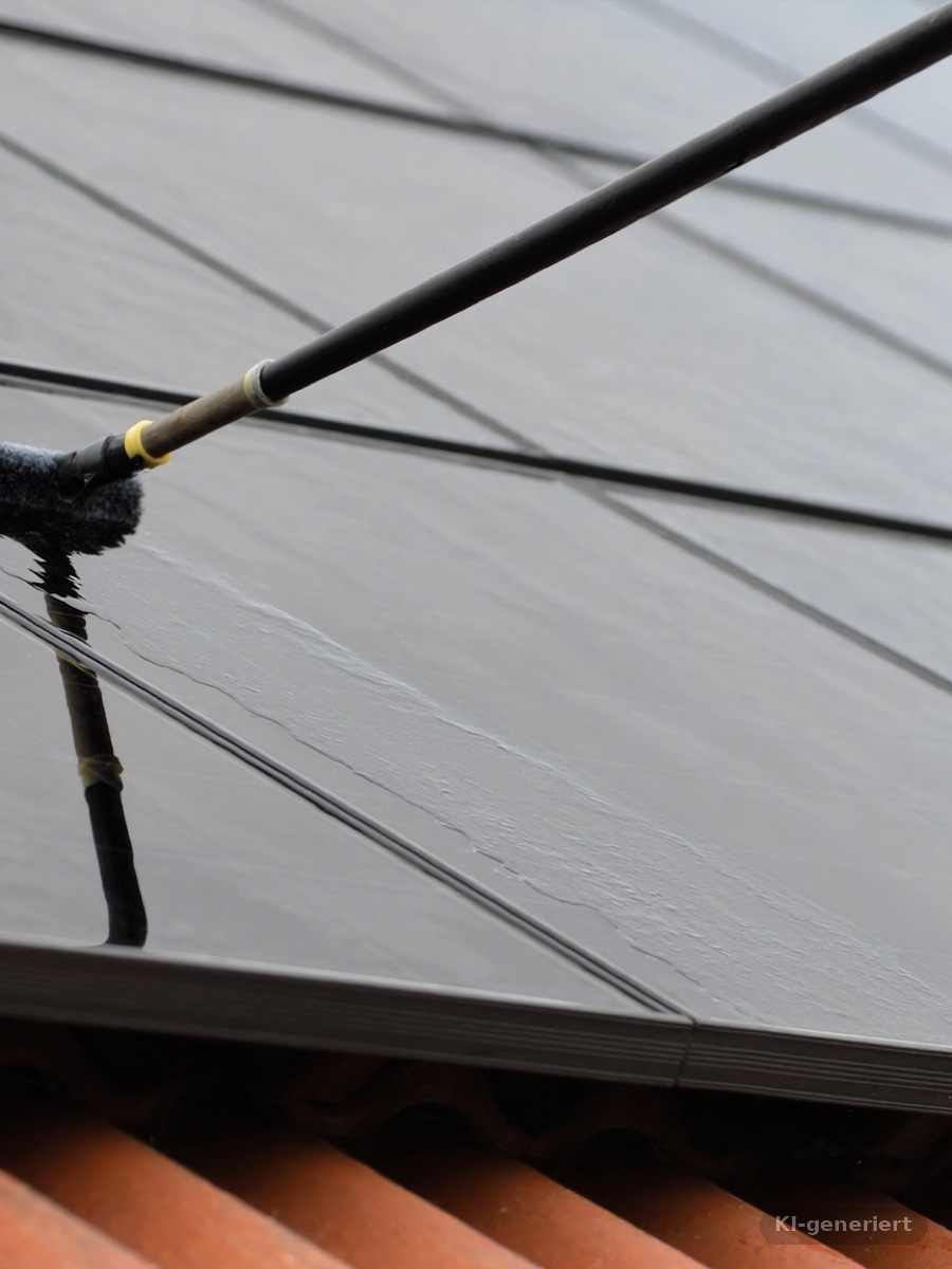 Reinigung von Photovoltaikmodulen mit einer Teleskop-Waschbürste, Wasserfilm auf dem Glas