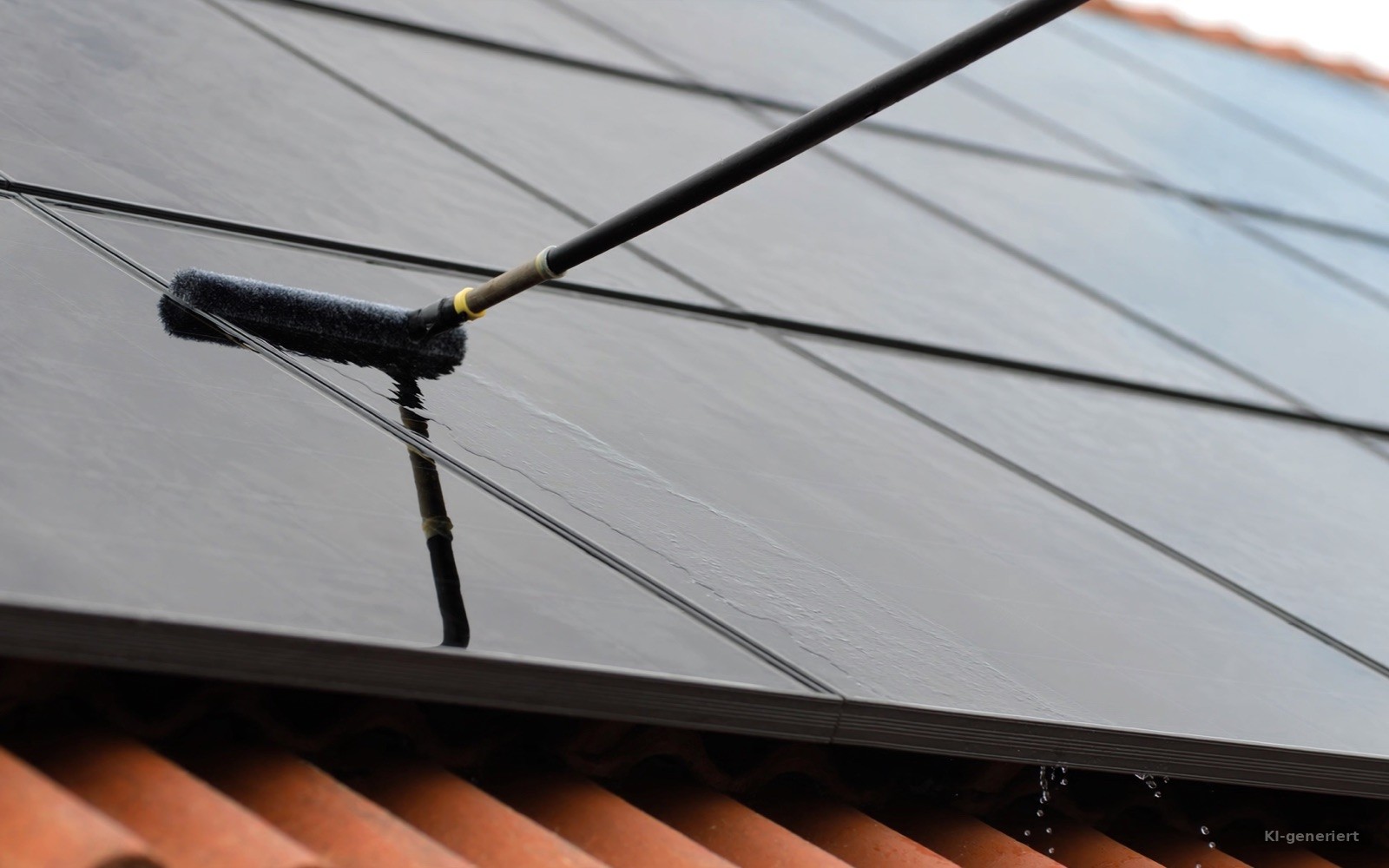 Reinigung von Photovoltaikmodulen mit einer Teleskop-Waschbürste, Wasserfilm auf dem Glas